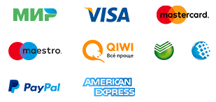 Способы оплаты: Visa, Master Card, Maestro, Pay Pal, Mir, Sberbank, Qiwi, American Express, WebMoney, Megafon, MTS, Beeline